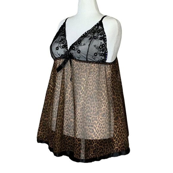 Y2K Sheer Leopard Print Babydoll Lingerie Slip Dress Sequins Bow Trashy2K Large - Picture 2 of 7